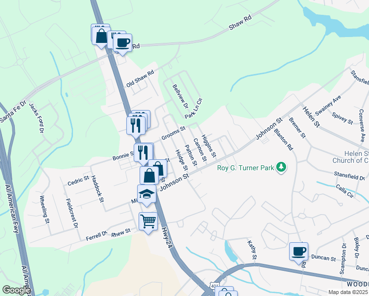 map of restaurants, bars, coffee shops, grocery stores, and more near 5105 Patton Street in Fayetteville