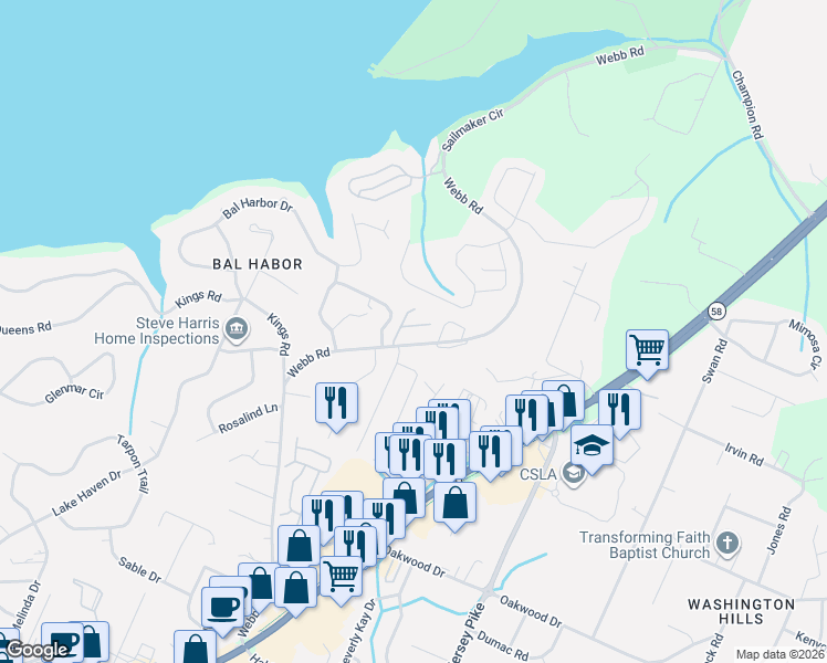 map of restaurants, bars, coffee shops, grocery stores, and more near 4101 Webb Road in Chattanooga