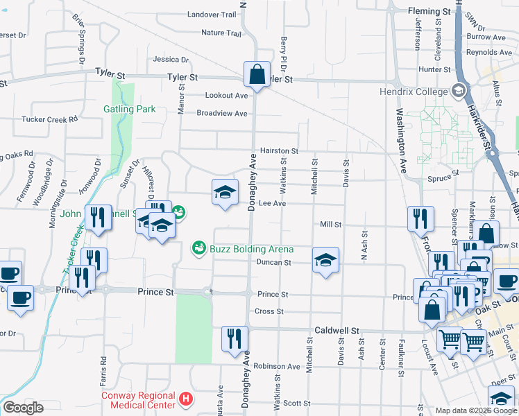 map of restaurants, bars, coffee shops, grocery stores, and more near 2016 Lee Avenue in Conway