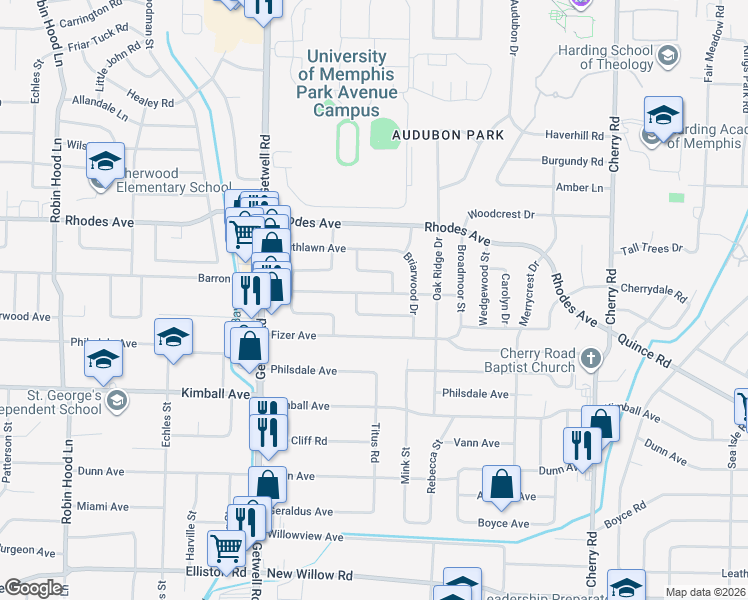 map of restaurants, bars, coffee shops, grocery stores, and more near 4083 Wildwood Drive in Memphis