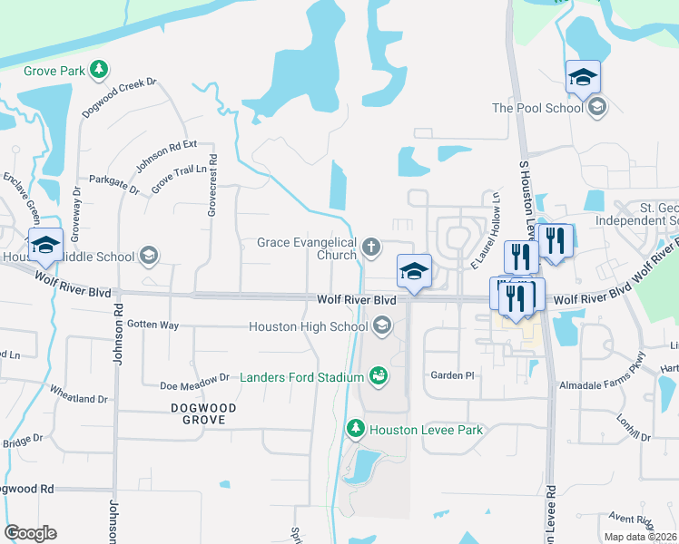 map of restaurants, bars, coffee shops, grocery stores, and more near 9710 Wolf River Boulevard in Germantown