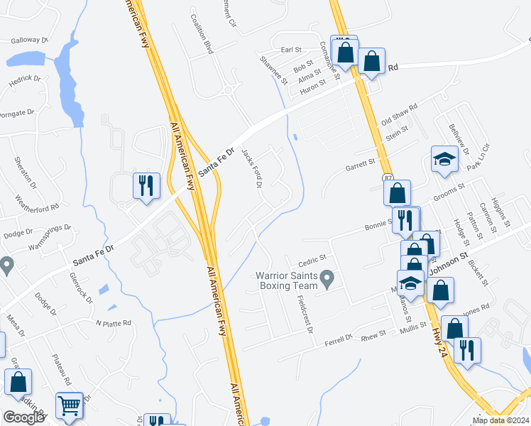 map of restaurants, bars, coffee shops, grocery stores, and more near 5053 Summer Ridge Road in Fayetteville