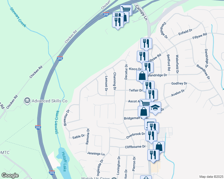 map of restaurants, bars, coffee shops, grocery stores, and more near 279 Channing Drive in Fayetteville
