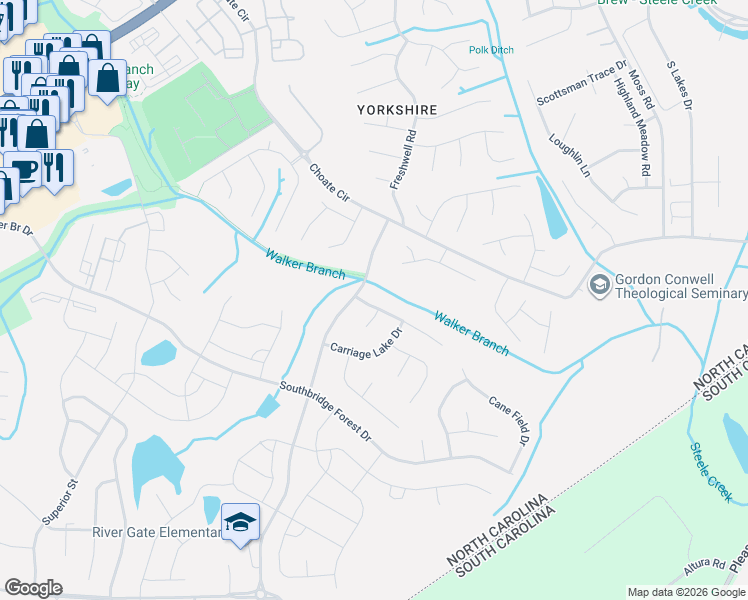 map of restaurants, bars, coffee shops, grocery stores, and more near 14529 Smith Road in Charlotte