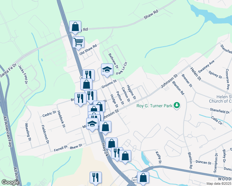 map of restaurants, bars, coffee shops, grocery stores, and more near 5105 Patton Street in Fayetteville