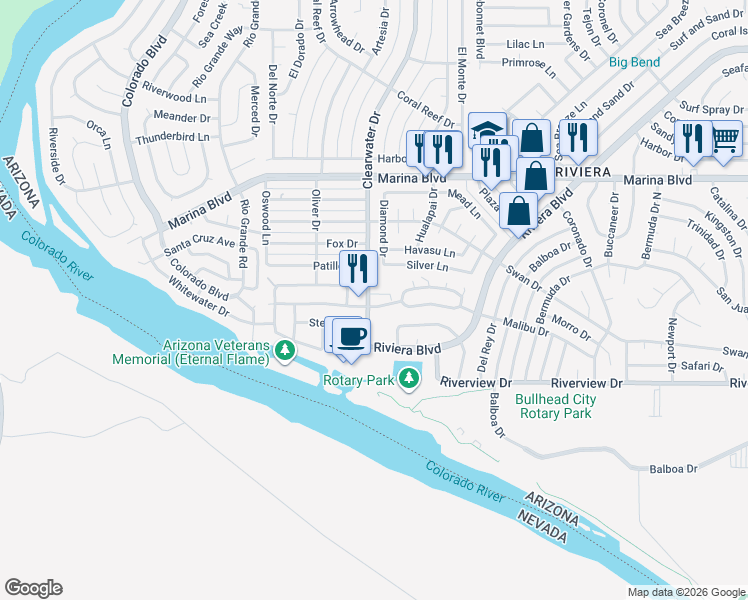 map of restaurants, bars, coffee shops, grocery stores, and more near 2140 Clearwater Drive in Bullhead City