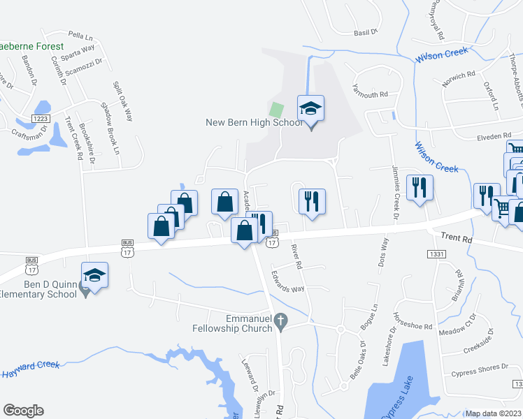 map of restaurants, bars, coffee shops, grocery stores, and more near 4012 Copperfield Drive in New Bern