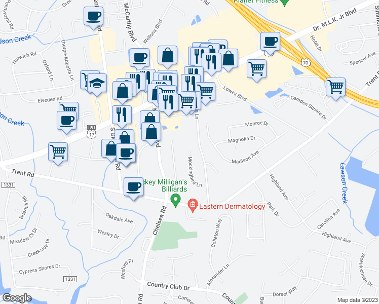 map of restaurants, bars, coffee shops, grocery stores, and more near 1499 Mockingbird Lane in New Bern