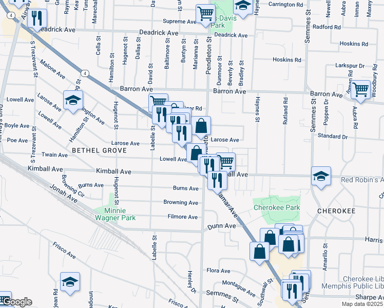 map of restaurants, bars, coffee shops, grocery stores, and more near 2742 Lamar Avenue in Memphis