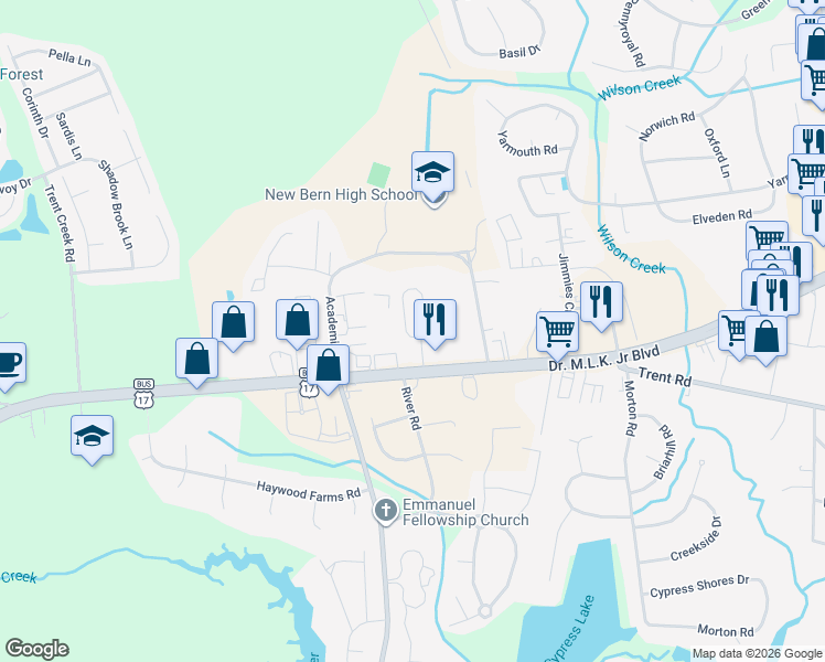 map of restaurants, bars, coffee shops, grocery stores, and more near 4218 Arbor Green Way in New Bern