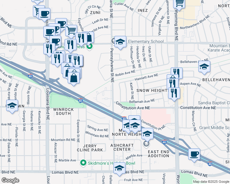 map of restaurants, bars, coffee shops, grocery stores, and more near 1401 Pennsylvania Street Northeast in Albuquerque