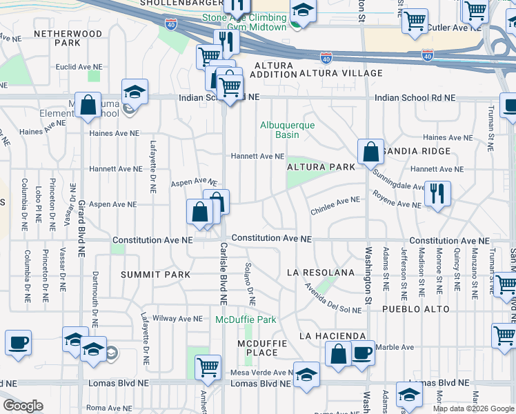 map of restaurants, bars, coffee shops, grocery stores, and more near 3903 Aspen Avenue Northeast in Albuquerque