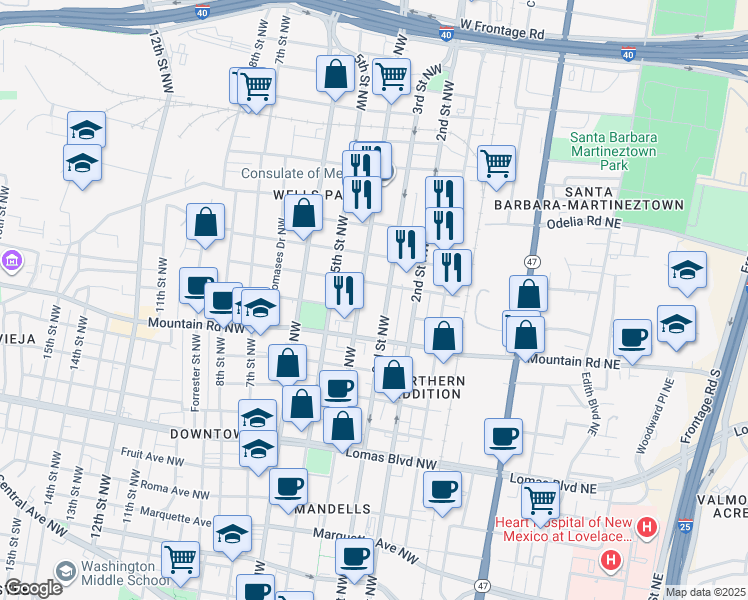 map of restaurants, bars, coffee shops, grocery stores, and more near 314 Summer Avenue Northwest in Albuquerque