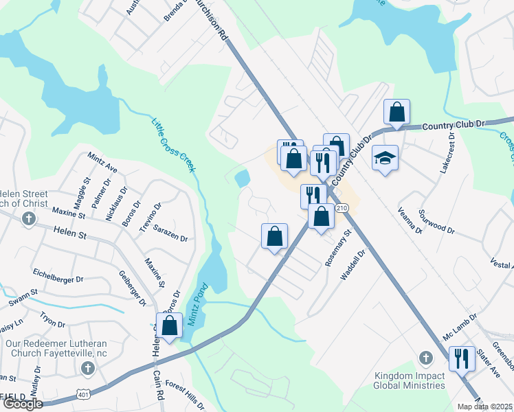 map of restaurants, bars, coffee shops, grocery stores, and more near 1951 Boxwood Lane in Fayetteville
