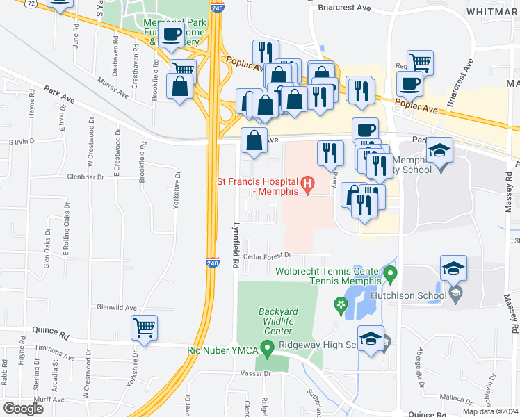 map of restaurants, bars, coffee shops, grocery stores, and more near 1257 Bristol Drive in Memphis