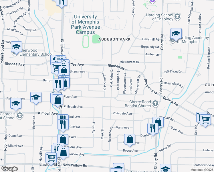 map of restaurants, bars, coffee shops, grocery stores, and more near 1281 Oak Ridge Drive in Memphis