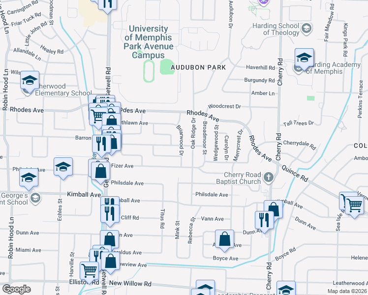 map of restaurants, bars, coffee shops, grocery stores, and more near 1281 Oak Ridge Drive in Memphis