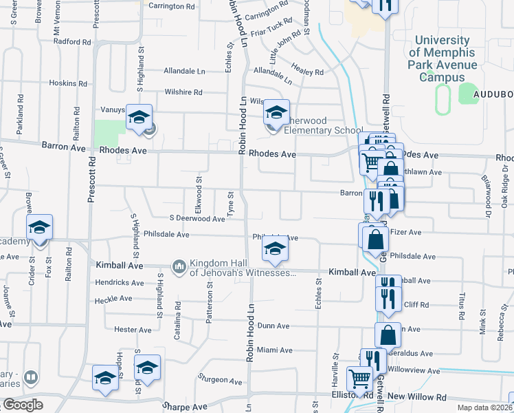 map of restaurants, bars, coffee shops, grocery stores, and more near 3719 Barron Avenue in Memphis