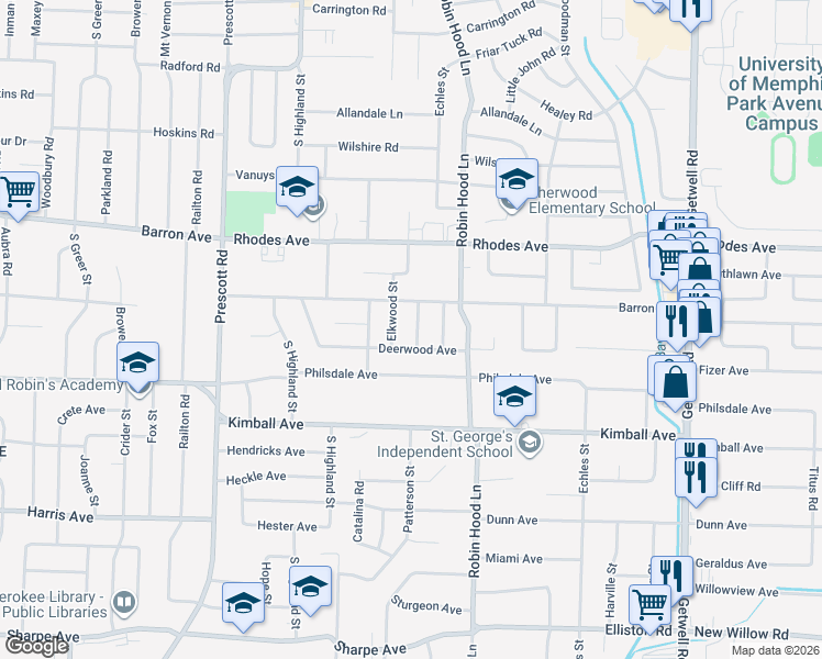 map of restaurants, bars, coffee shops, grocery stores, and more near 3641 Barron Avenue in Memphis