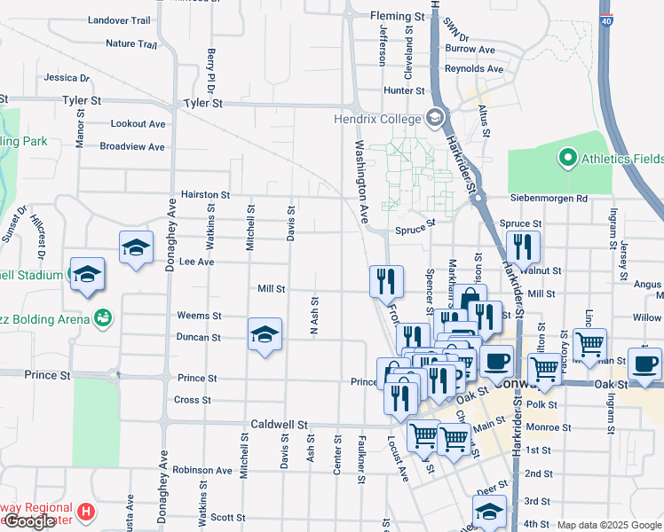 map of restaurants, bars, coffee shops, grocery stores, and more near 1311 Clifton Street in Conway