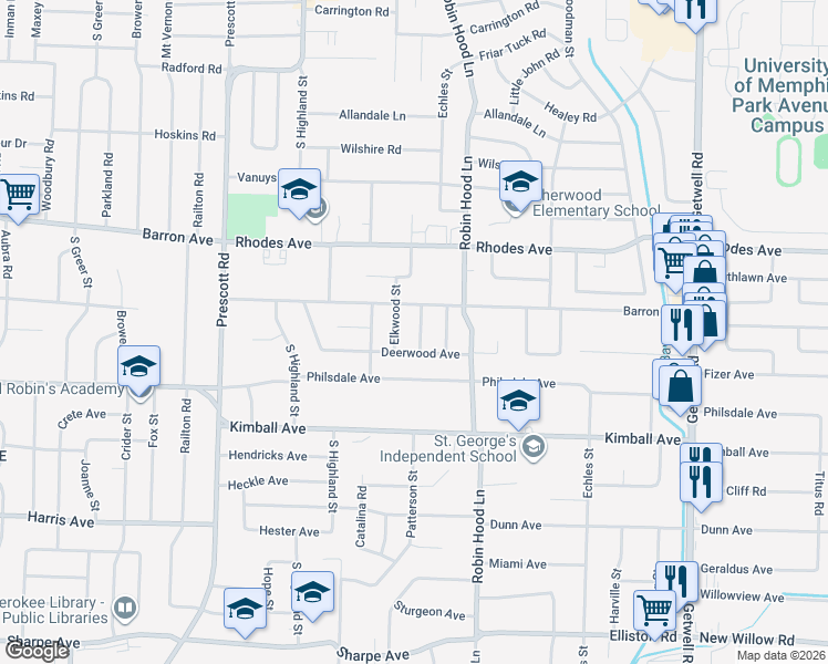 map of restaurants, bars, coffee shops, grocery stores, and more near 3641 Barron Avenue in Memphis