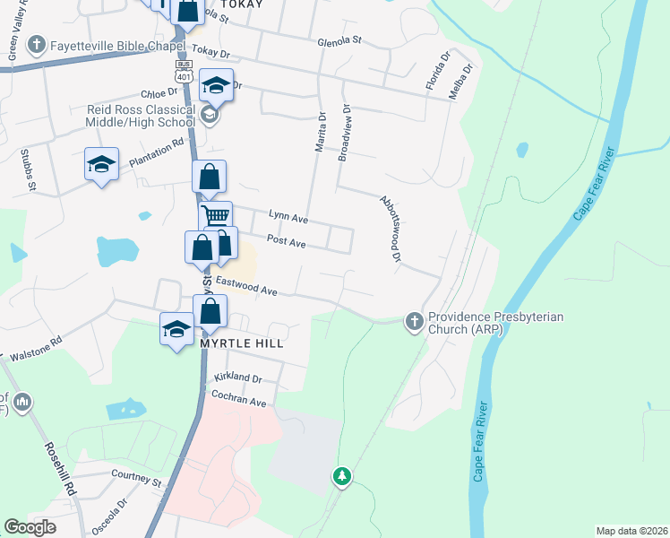map of restaurants, bars, coffee shops, grocery stores, and more near 400 Post Avenue in Fayetteville