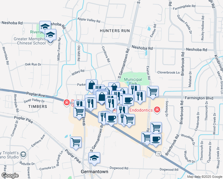 map of restaurants, bars, coffee shops, grocery stores, and more near 7647 Akerswood Drive in Germantown