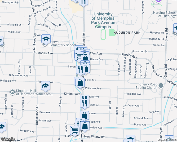 map of restaurants, bars, coffee shops, grocery stores, and more near 1282 Dogwood Drive in Memphis