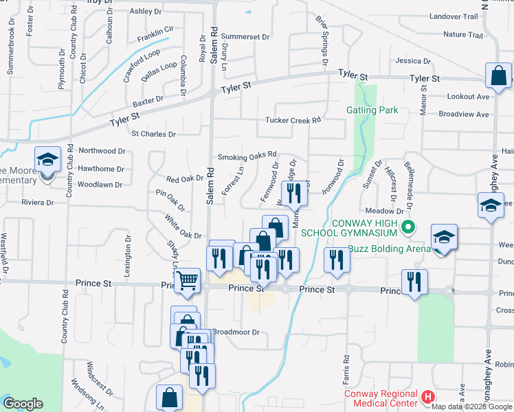 map of restaurants, bars, coffee shops, grocery stores, and more near 3 Fernwood Drive in Conway