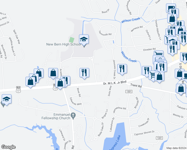 map of restaurants, bars, coffee shops, grocery stores, and more near 4169 Academic Drive in New Bern
