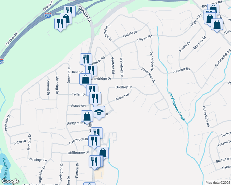 map of restaurants, bars, coffee shops, grocery stores, and more near 7247 Godfrey Drive in Fayetteville