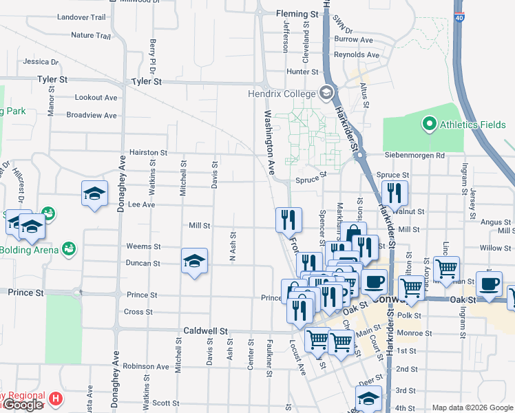 map of restaurants, bars, coffee shops, grocery stores, and more near 1311 Clifton Street in Conway