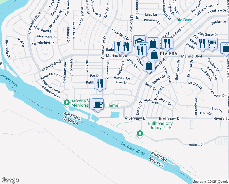 map of restaurants, bars, coffee shops, grocery stores, and more near 567 Malibu Circle North in Bullhead City