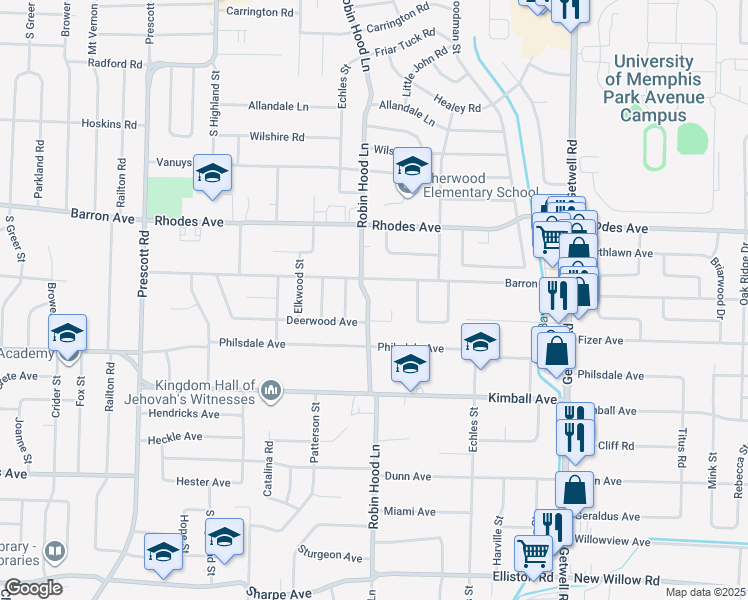 map of restaurants, bars, coffee shops, grocery stores, and more near 3675 Barron Avenue in Memphis