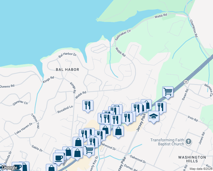 map of restaurants, bars, coffee shops, grocery stores, and more near Waterfield Lane in Chattanooga