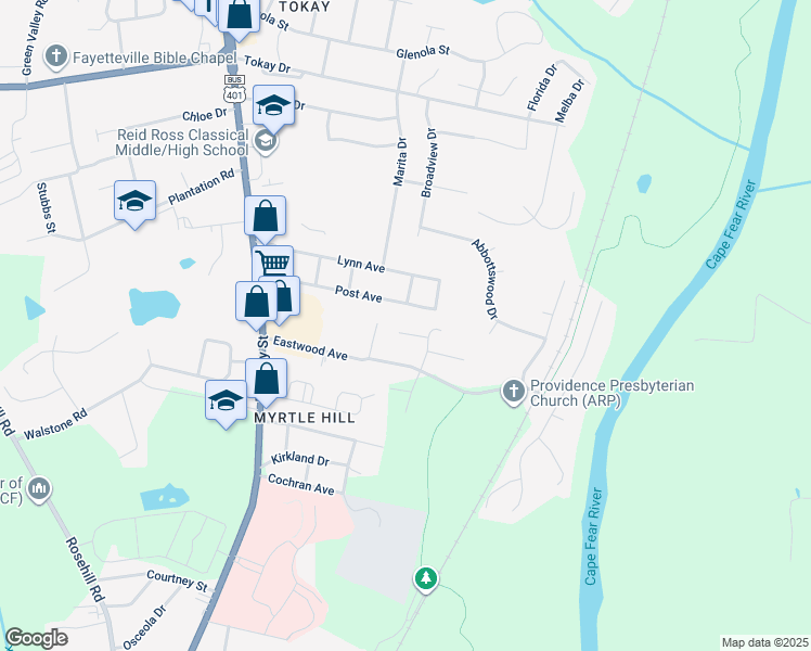map of restaurants, bars, coffee shops, grocery stores, and more near 313 Nettletree Lane in Fayetteville