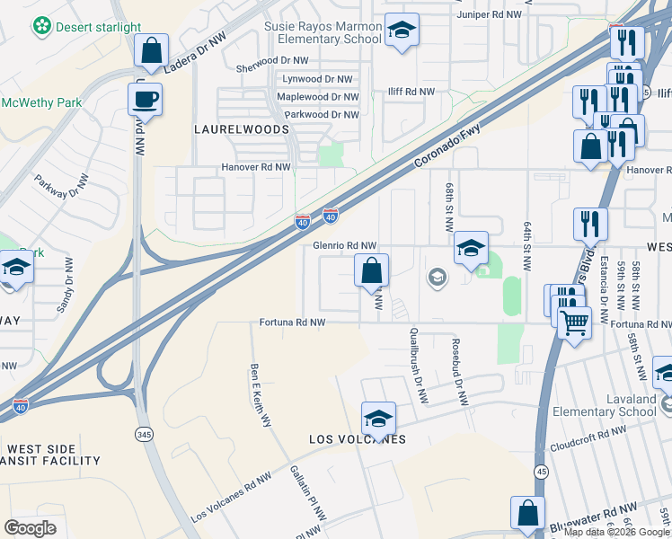map of restaurants, bars, coffee shops, grocery stores, and more near 7401 Fremont Place Northwest in Albuquerque