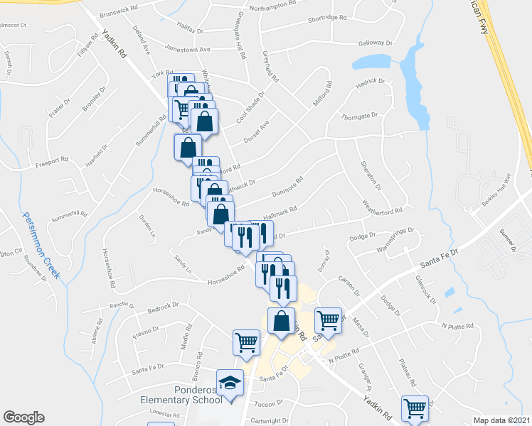 map of restaurants, bars, coffee shops, grocery stores, and more near 421 Hallmark Road in Fayetteville