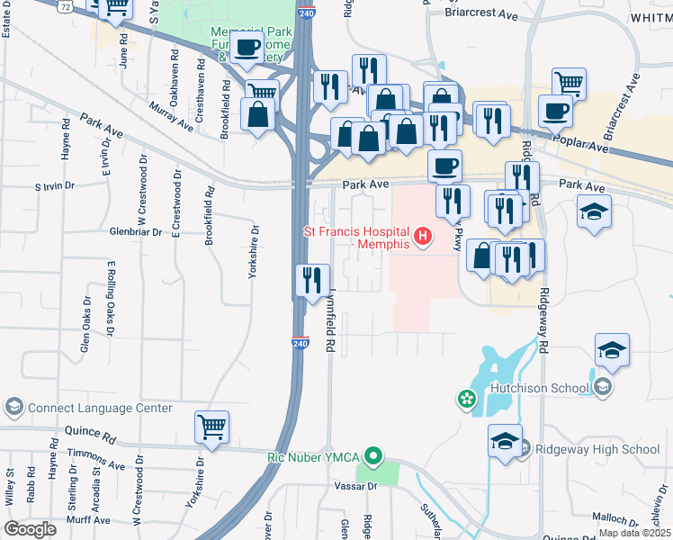 map of restaurants, bars, coffee shops, grocery stores, and more near 1257 Bristol Drive in Memphis