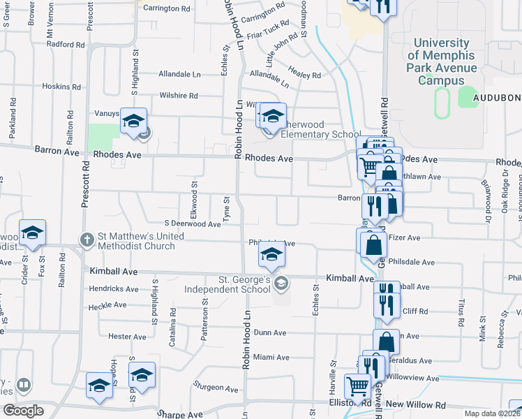 map of restaurants, bars, coffee shops, grocery stores, and more near 3719 Barron Avenue in Memphis