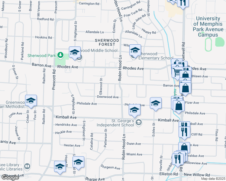 map of restaurants, bars, coffee shops, grocery stores, and more near 3641 Barron Avenue in Memphis