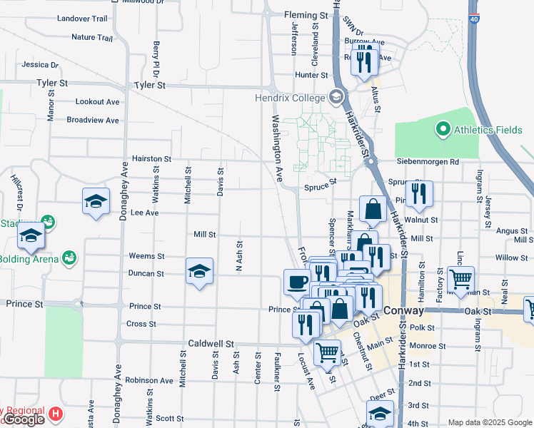 map of restaurants, bars, coffee shops, grocery stores, and more near 1311 Clifton Street in Conway