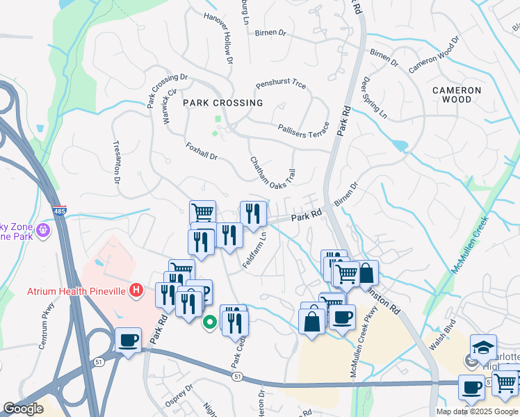 map of restaurants, bars, coffee shops, grocery stores, and more near 10828 Willow Crossing Drive in Charlotte