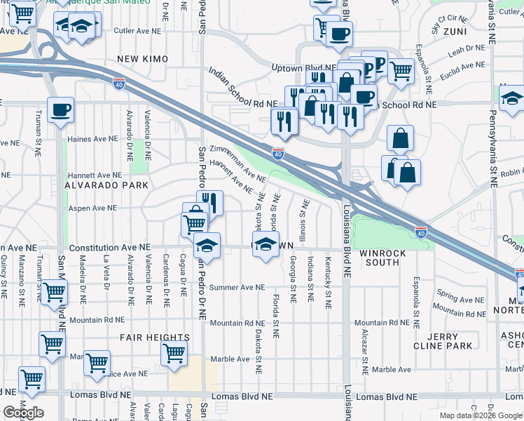 map of restaurants, bars, coffee shops, grocery stores, and more near 1853 Florida Street Northeast in Albuquerque