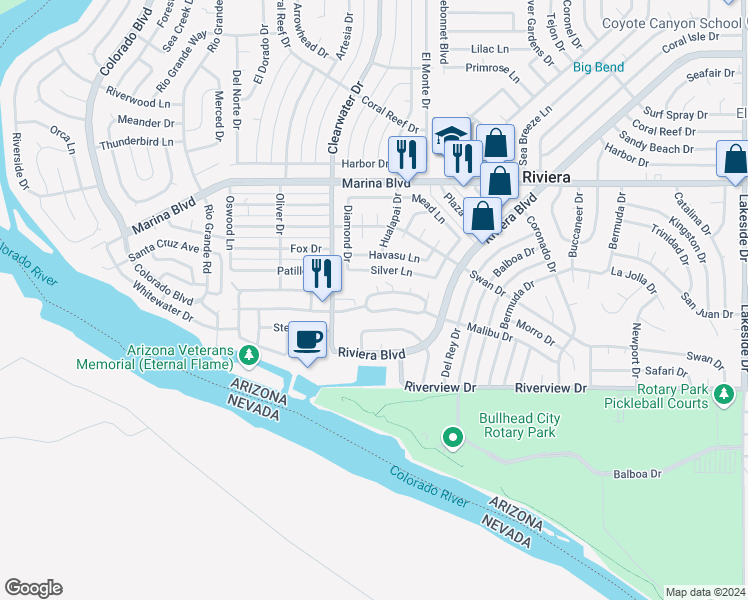 map of restaurants, bars, coffee shops, grocery stores, and more near 554 Malibu Circle North in Bullhead City