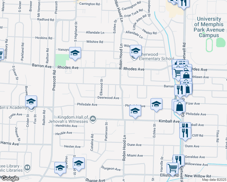 map of restaurants, bars, coffee shops, grocery stores, and more near 3641 Barron Avenue in Memphis