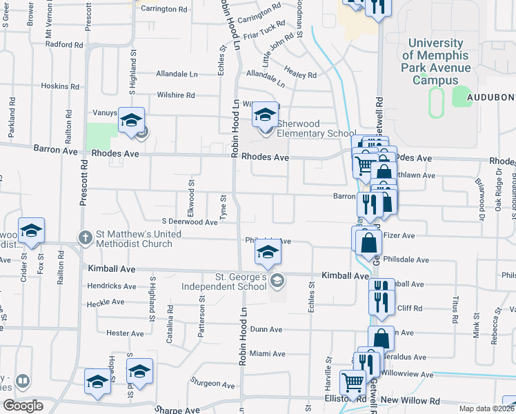 map of restaurants, bars, coffee shops, grocery stores, and more near 3719 Barron Avenue in Memphis
