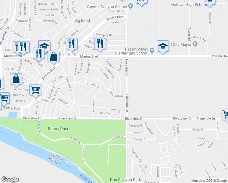 map of restaurants, bars, coffee shops, grocery stores, and more near 2147 Kingston Drive in Bullhead City