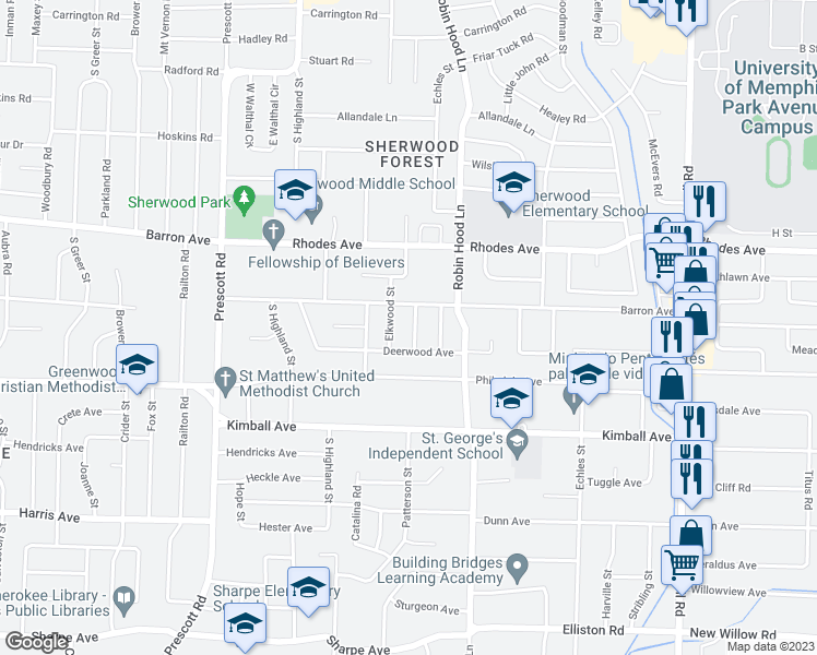 map of restaurants, bars, coffee shops, grocery stores, and more near 1301 Foxcroft Street in Memphis