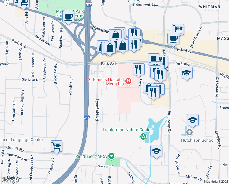 map of restaurants, bars, coffee shops, grocery stores, and more near Essex Drive in Memphis